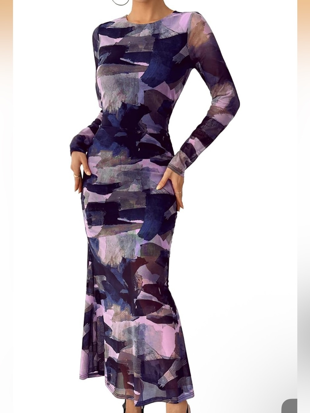 Abstract Brushstroke Long-Sleeve Maxi Dress - Purple Multi